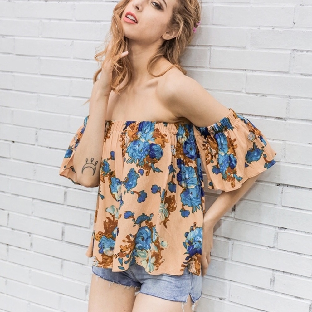Y2K Floral Print Off Shoulder Top